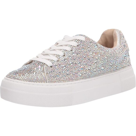 Shoes - Women's White Rhinestone Lace Up Sidny Low Rise Sneaker Round Toe Low Top